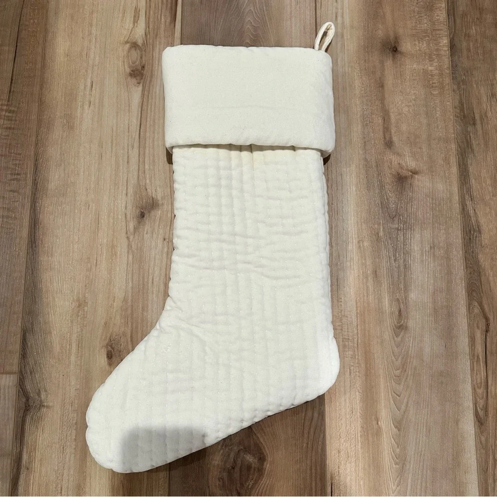 Pottery Barn Ivory Channel Quilted Velvet Stockings Embroidered Lily